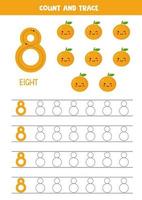 Worksheet for learning numbers with cute kawaii oranges. Number 8. vector