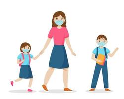 Mother and children go to school wearing sanitary masks. Vector illustration.