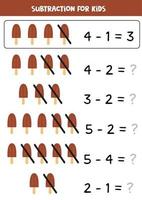 Subtraction with cute cartoon chocolate ice creams. vector