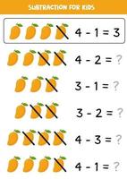 Subtraction with cute cartoon mango. Math game for kids. vector