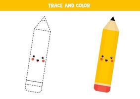 Trace and color cute kawaii pencil. Educational worksheet. vector