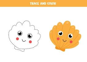 Trace and color cute kawaii seashell. Writing skills. vector