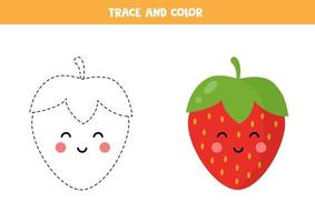 Trace and color cute kawaii strawberry. Educational worksheet. vector