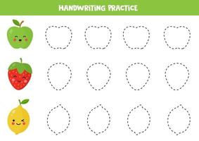 Tracing lines for kids. Practicing writing skills with fruits. vector