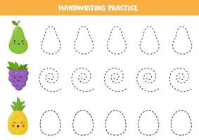 Handwriting practice with cute kawaii pear, grape and pineapple. vector