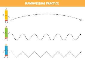 Tracing lines with cute kawaii pencils. Educational game. vector