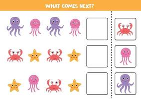 Logical game with sea crab, octopus, jelly fish and starfish. Continue the sequence. vector