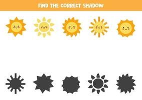 Find the correct shadow of cute suns. Logical puzzle for kids. vector