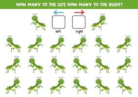 Left, right, up or down. Spatial orientation with cute praying mantis. vector