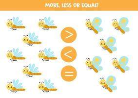 More, less, equal with cute butterfly and dragonfly. vector