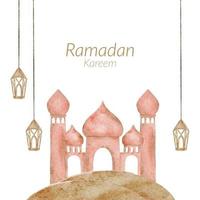 Ramadan Kareem watercolor with mosque islamic lantern illustration vector