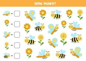 Counting game with cute insects. Math worksheet. vector
