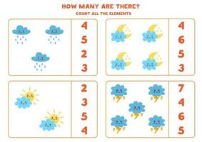 Counting game with cute kawaii clouds. Math worksheet. vector