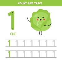 Tracing numbers worksheet. Number one with cute kawaii cabbage. vector