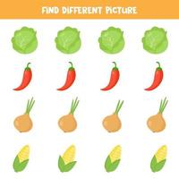 encuentra una imagen diferente en cada fila. conjunto de verduras de colores. vector