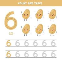 Tracing numbers worksheet. Number six with cute kawaii potatoes. vector