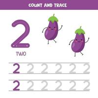 Tracing numbers worksheet. Number two with cute kawaii eggplants. vector