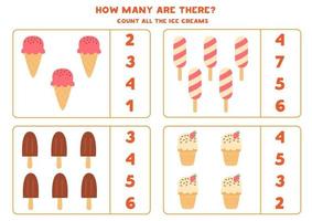 Counting game for kids. Set of ice creams. vector