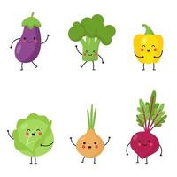 Collection of cute kawaii vegetables on white background. vector