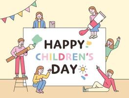 Children are playing around a large message card. flat design style minimal vector illustration.