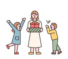 The mother is standing with a present and the children are having fun. Parents and happy children giving gifts to children on Children's Day. flat design style minimal vector illustration.