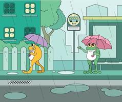 A frog standing at a bus stop with an umbrella on a rainy day vector