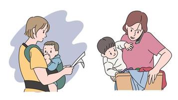 Women working with babies at same time. hand drawn style vector design illustrations.