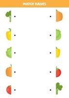 Find the half of each vegetable. Funny worksheet for kids. vector