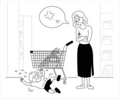 madre enojada con su hijo pululando junto al carrito de compras. ilustraciones de diseño de vectores de estilo dibujado a mano.