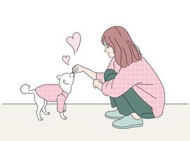 Girl and cute dog. They are wearing the same clothes. hand drawn style vector design illustrations.