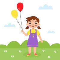 Cute cartoon girl stands with colorful balloons. vector
