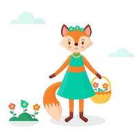 Cute cartoon fox holding basket with flowers. vector