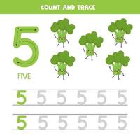 Tracing numbers worksheet. Number five with cute kawaii broccoli. vector