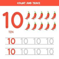 Tracing numbers worksheet. Number ten with cute kawaii red peppers. vector