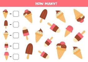 Count the amount of ice creams. Math game for kids. vector