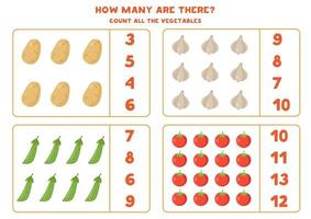 Vegetables count. Math game for kids. Educational worksheet. vector