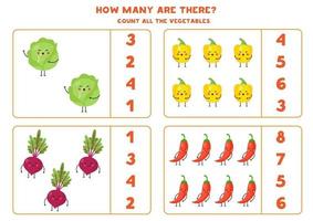 Count cute kawaii vegetables and circle the right answer. vector