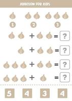 Addition for kids with cartoon garlic. Math game. vector