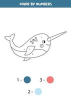 Coloring page with cute narwhal. Color by numbers. vector