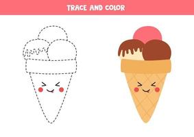 Trace and color cute kawaii ice cream. Coloring page for kids. vector