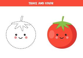 práctica de escritura a mano para niños. traza el tomate rojo y coloréalo. vector