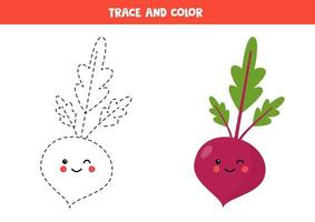 Handwriting practice with cute kawaii beetroot. Worksheet for kids. vector