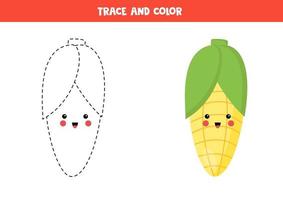 Trace and color cute kawaii corn. Coloring page for kids.