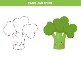 Trace and color cute kawaii broccoli. Handwriting practice. vector