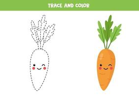 Trace and color cute kawaii carrot. Coloring page for kids. vector