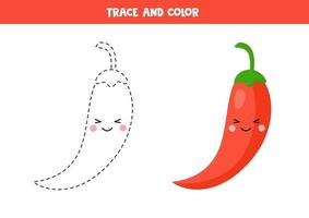 Handwriting practice for kids. Trace red chili pepper and color it. vector