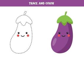 Trace and color cute kawaii eggplant. Writing skills. vector