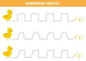 Trace the lines between baby duckling and seeds. Handwriting practice. vector