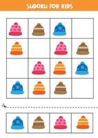 Logical puzzle for kids. Sudoku with winter caps. vector