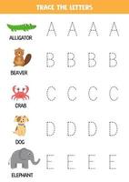 Tracing letters of English alphabet with animals. Writing practice. vector